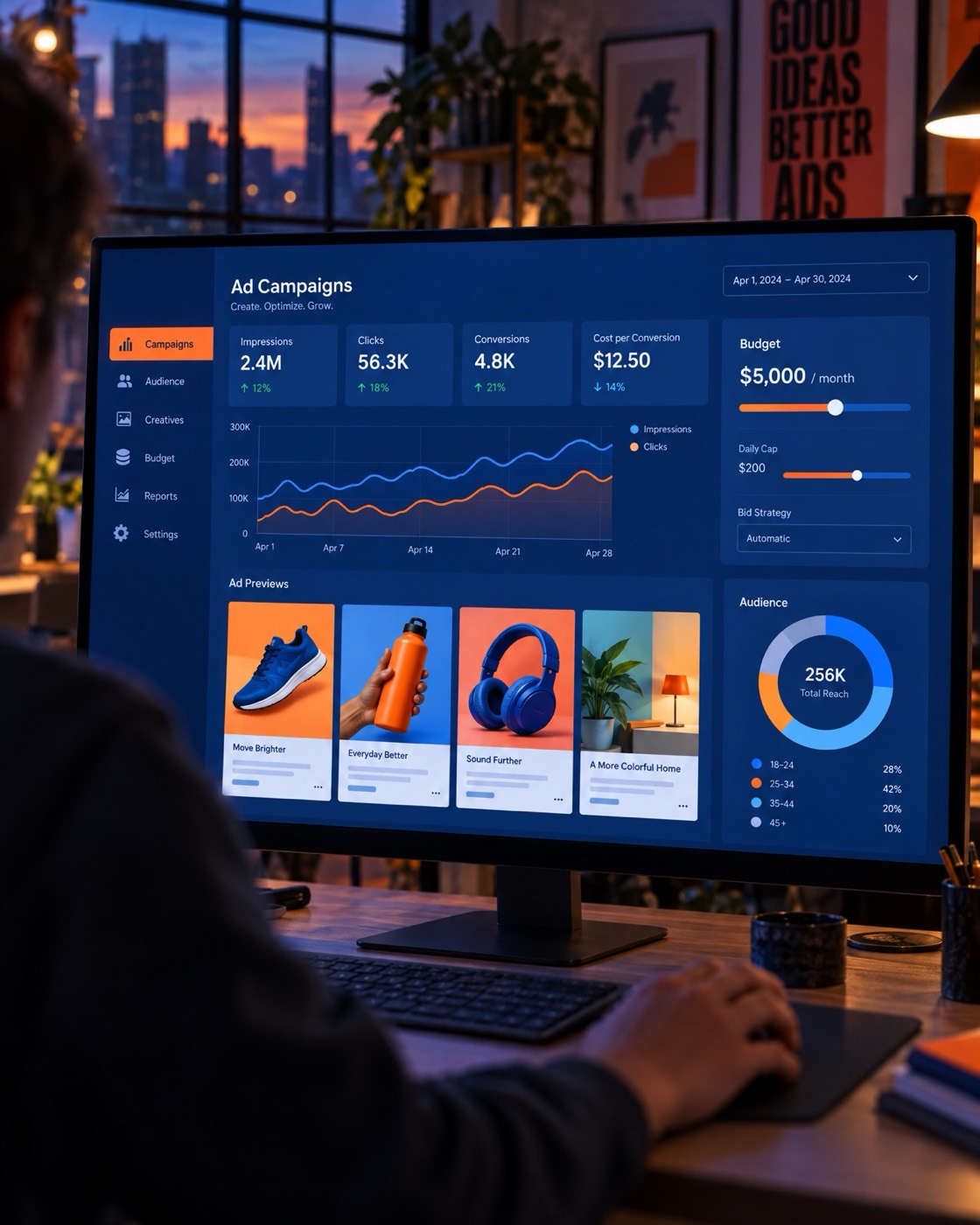 An ad campaign dashboard on a studio monitor.
